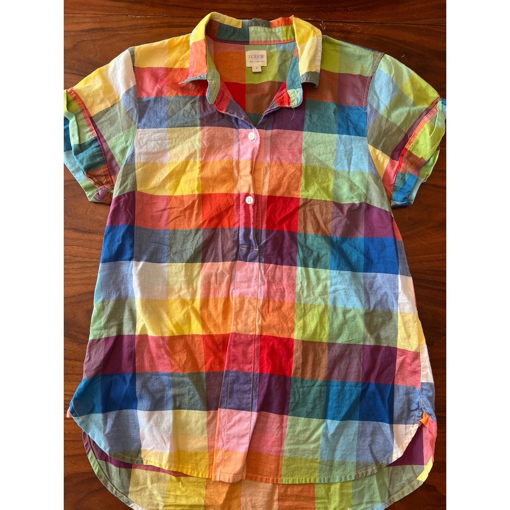 J.Crew Rainbow Gingham Check Short Sleeve Cotton Button Up Shirt Multi Color M